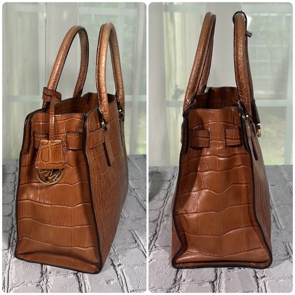 Michael Kors Dillon Satchel Croc Embossed Leather Shoulder Cognac Tan Purse Bag - Picture 3 of 16